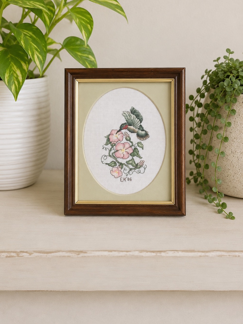 Vintage Ruby‎ Throated Hummingbird Cross Stitch Handmade Floral Cottagecore Art